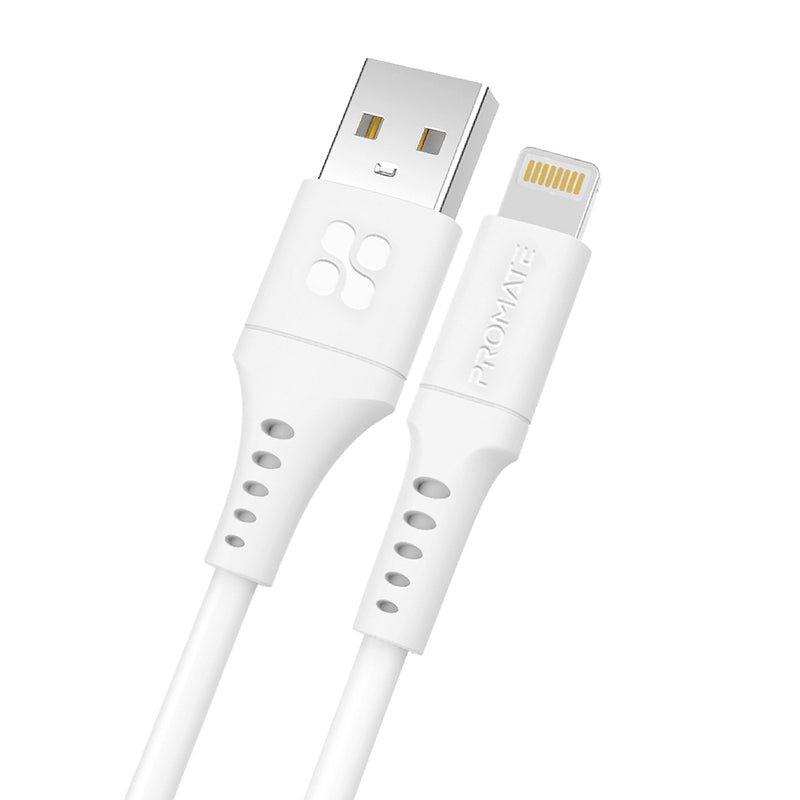 Promate Ultra-Fast USB-A to Lightning cable • Soft Flexible Silicone • 2.4A Charging - 120cm / White