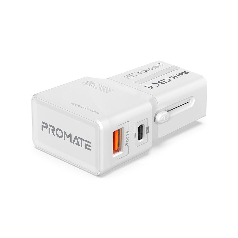 Promate Universal Travel Adapter with 20W Power Delivery & QC 3.0 • US/UK/EU/AU Plugs • TriPlug-PD20