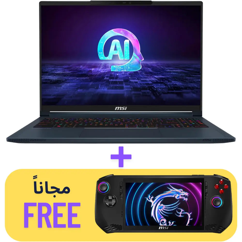 MSI Stealth 16 AI Studio A1VGG-040AE Laptop 16” QHD 2K 240Hz - Core Ultra 9 185H - 32GB LPDDR5 - 1TB SSD - RTX 4070 8GB - Win11 With a Gift MSI Claw A1M - 040AE – 7" FHD IPS, 120Hz, Core Ultra 7 155H , 16GB RAM, 512GB SSD, Intel Arc, Windows 11 Home