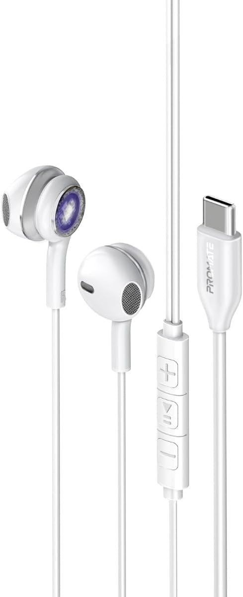 Promate Earphones with USB-C Connector, Transparent In-Ear USB-C HD Wired Earbuds, RGB Lights, Microphone, Call Function, In-Line Volume Control for iPhone 15, iPad, Samsung S23 - Silver