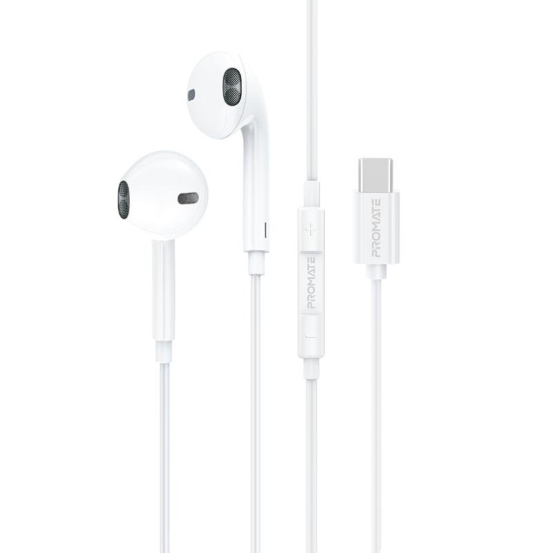 Promate USB-C Stereo Earphones with Mic & Volume Control - White