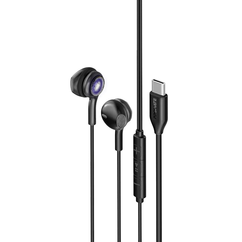 Promate Earphones with USB-C Connector, Transparent In-Ear USB-C HD Wired Earbuds, RGB Lights, Microphone, Call Function, In-Line Volume Control for iPhone 15, iPad, Samsung S23 - Black