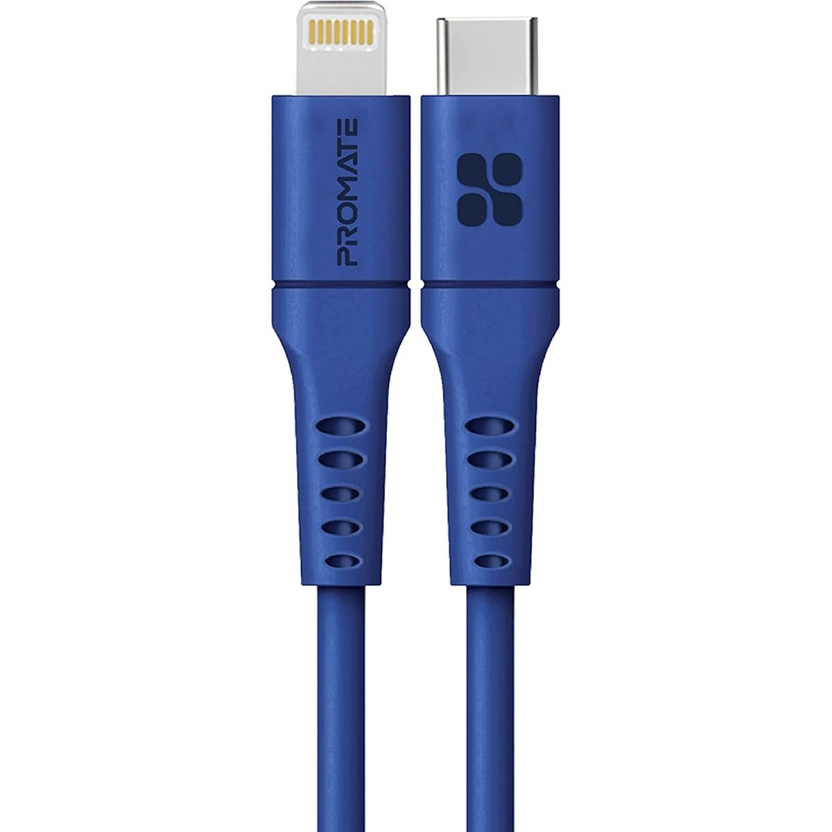 Promate USB-C to Lightning Cable 2m Silicone Cable, 20W Power Delivery Fast Charging with 480 Mbps Data Sync - Blue