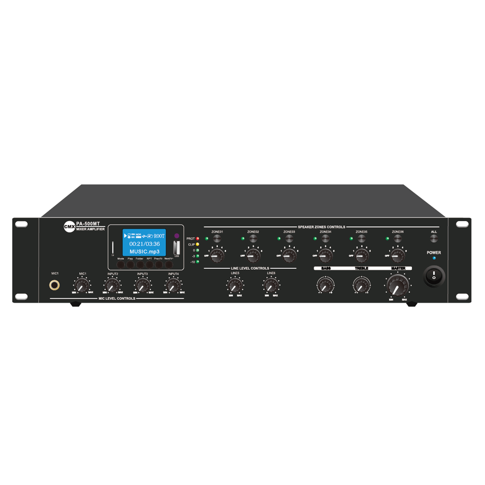 CMX 6 Zone 500W Mixer Amp with Mp3 & FM, USB & SD inputs, 4 Mic, 3 Aux, 70V/100V/4-16ohms.