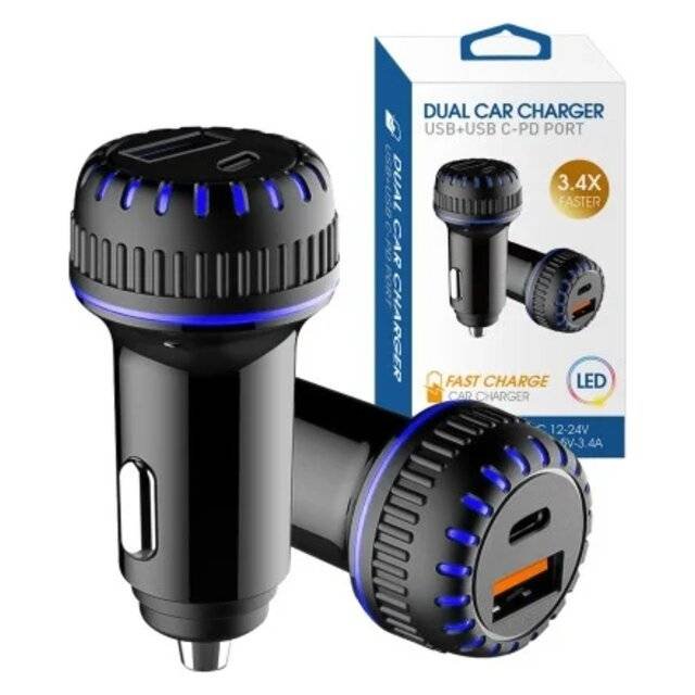 Dual Car Charger 17W Fast PD USB + Type-C 3.4XDual Car Charger 17W Fast PD USB + Type-C 3.4X
