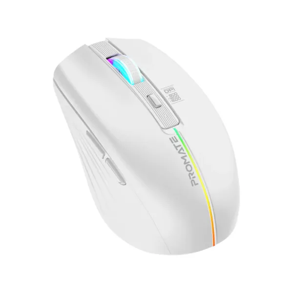 Promate Kitt 2.4GHz Wireless Ergonomic Optical Mouse with LED Rainbow Lights - White