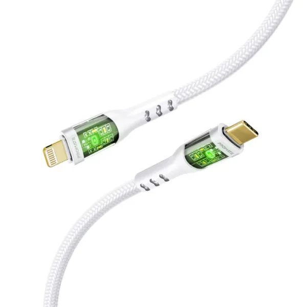 Promate 27W Power Delivery USB-C to Lightning Cable with Transparent Shells - White