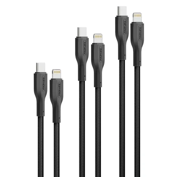 Promate CableKit-Ci 3Pcs High Tensile Strength 27W USB-C to Lightning Cable Kit