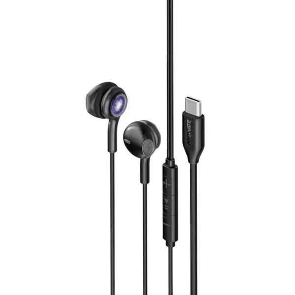 Promate Earphones with USB-C Connector, Transparent In-Ear USB-C HD Wired Earbuds, RGB Lights, Microphone, Call Function, In-Line Volume Control for iPhone 15, iPad, Samsung S23 - Black