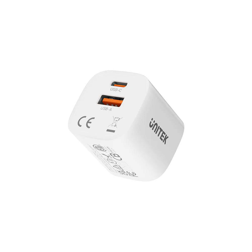 Unitek 33W Mini GaN Wall Charger – Dual Port USB-C PD 3.0 & USB-A QC 3.0 - Ultra-Compact Design - Fast Charging for iPhone 12–15 Series - Model P1125A