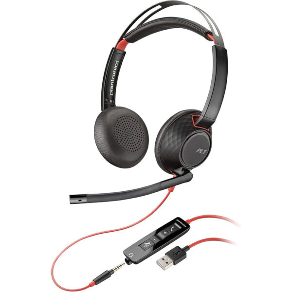 Poly - Blackwire 5220 USB A+USB C+3.5MM Headset - Wired, Dual Ear (Stereo) Computer Headset with Boom Mic