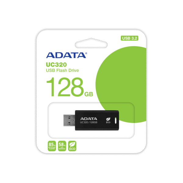 ADATA UC320 128GB USB 3.2 Flash Drive – Capless Slide Design, PCR Plastic, 5Gbps, Keychain Loop