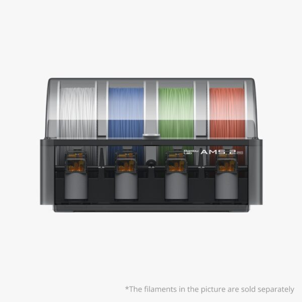 Bambu Lab AMS 2 Pro – 4‑filament AMS with 65 °C Active Drying, RFID Sync, 24‑color Expansion, 24 V⁻⁴ A, ABS/PC Build, 372×280×226 mm